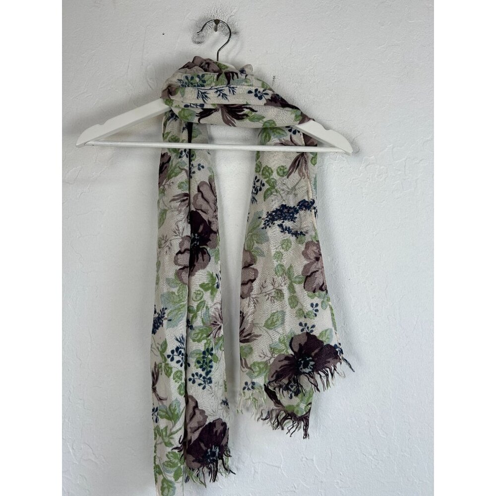 Womens Floral Print Lightweight Scarf Shawl Wrap 66"x16" Green Brown Fringe Trim